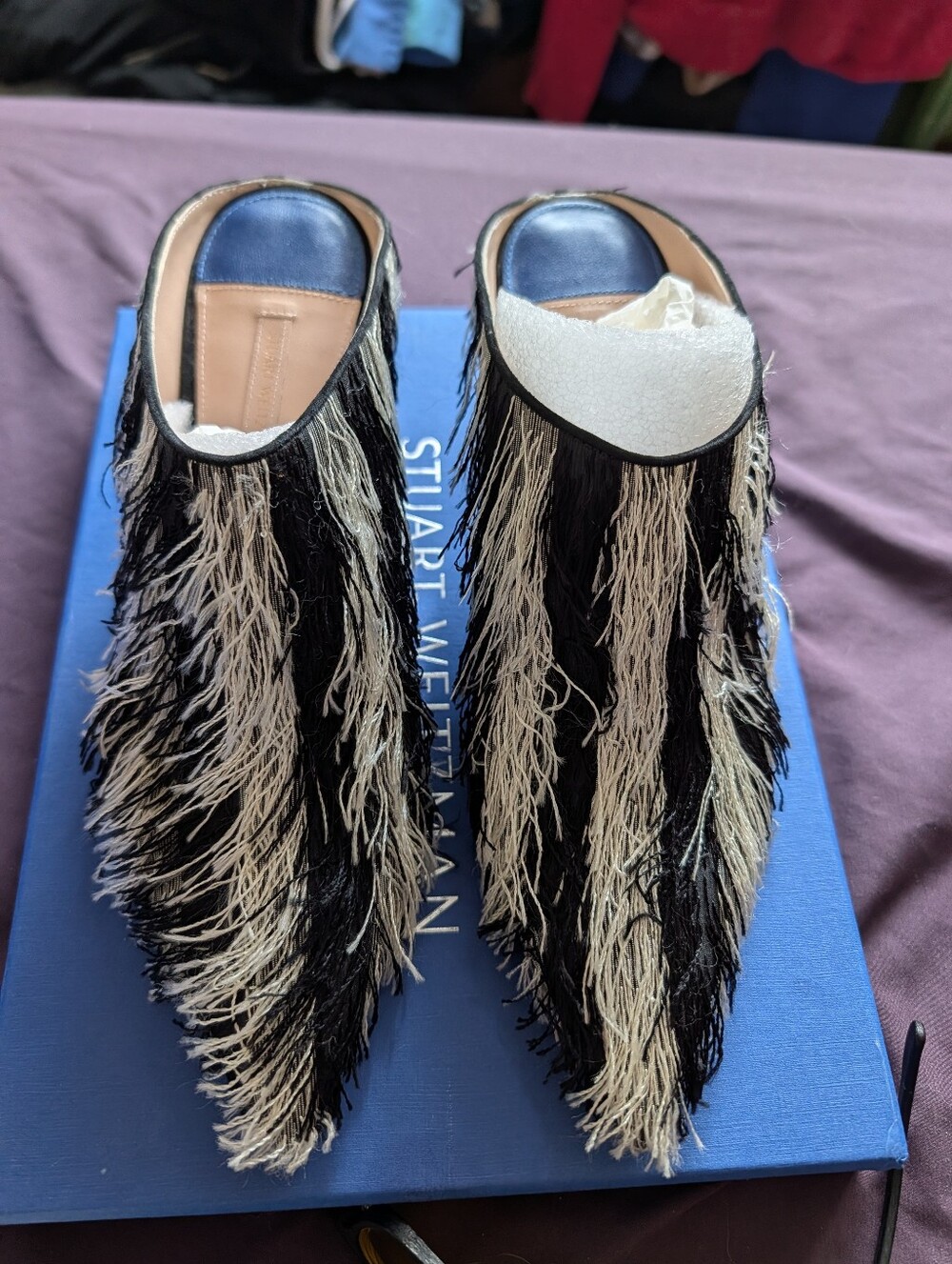 Stuart Weitzman Black and White Fringe Slip-On Mules
